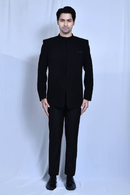 Buy_Arihant Rai Sinha_Black Lycra, Terrycloth Cut Work Collar Embroidered Prince Coat And Trouser Set _Online_at_Aza_Fashions
