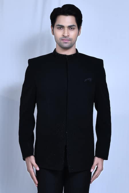 Shop_Arihant Rai Sinha_Black Lycra, Terrycloth Cut Work Collar Embroidered Prince Coat And Trouser Set _Online_at_Aza_Fashions