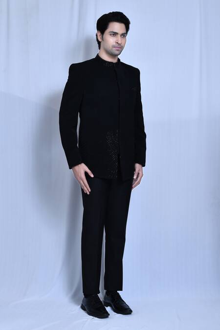 Arihant Rai Sinha_Black Lycra, Terrycloth Cut Work Collar Embroidered Prince Coat And Trouser Set _at_Aza_Fashions