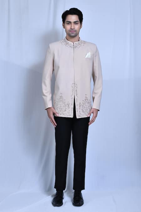 Buy_Arihant Rai Sinha_Beige Lycra, Terrycloth Zari Floral Neckline Embroidered Prince Coat Set _Online_at_Aza_Fashions