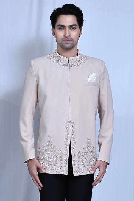 Shop_Arihant Rai Sinha_Beige Lycra, Terrycloth Zari Floral Neckline Embroidered Prince Coat Set _Online_at_Aza_Fashions