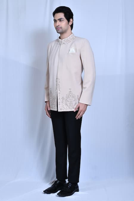 Arihant Rai Sinha_Beige Lycra, Terrycloth Zari Floral Neckline Embroidered Prince Coat Set _at_Aza_Fashions