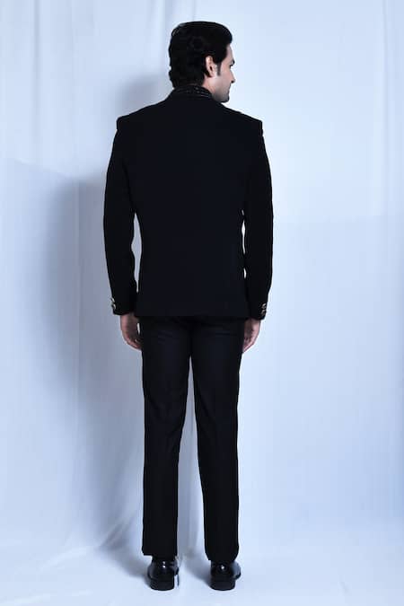 Shop_Arihant Rai Sinha_Black Satin, Cotton, Lycra, Terrycloth Cut Work Cutdana Embroidered Coat Set _at_Aza_Fashions