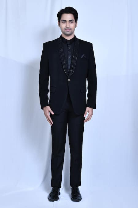 Shop_Arihant Rai Sinha_Black Satin, Cotton, Lycra, Terrycloth Cut Work Cutdana Embroidered Coat Set _Online_at_Aza_Fashions