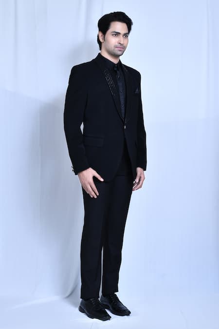 Arihant Rai Sinha_Black Satin, Cotton, Lycra, Terrycloth Cut Work Cutdana Embroidered Coat Set _at_Aza_Fashions