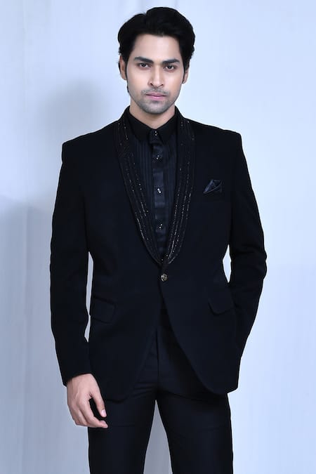 Buy_Arihant Rai Sinha_Black Satin, Cotton, Lycra, Terrycloth Cut Work Cutdana Embroidered Coat Set 