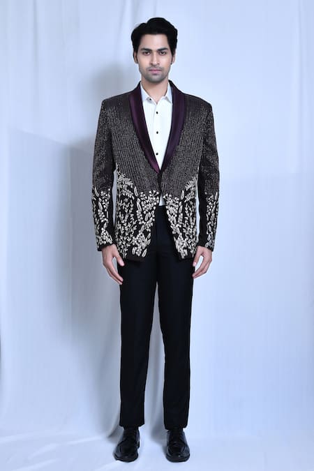 Shop_Arihant Rai Sinha_Purple Lycra, Satin, Terrycloth Cut Work, Embroidery Floral Coat Set _Online_at_Aza_Fashions