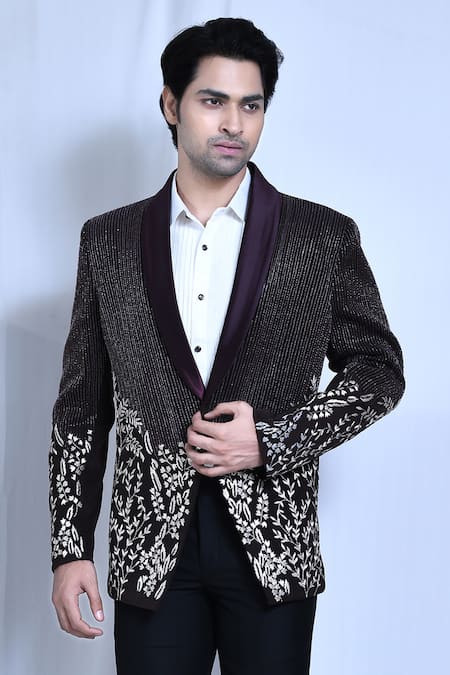 Buy_Arihant Rai Sinha_Purple Lycra, Satin, Terrycloth Cut Work, Embroidery Floral Coat Set 