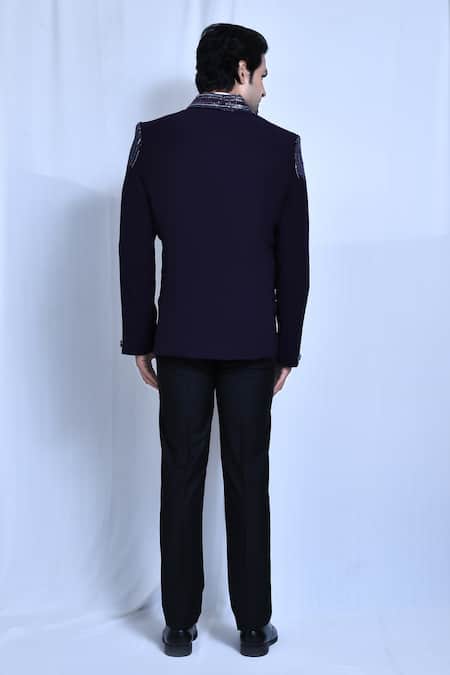 Shop_Arihant Rai Sinha_Blue Cotton, Lycra, Satin, Terrycloth Cut Stripe Placement Embroidered Coat Set _at_Aza_Fashions