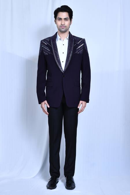 Buy_Arihant Rai Sinha_Blue Cotton, Lycra, Satin, Terrycloth Cut Stripe Placement Embroidered Coat Set _Online_at_Aza_Fashions