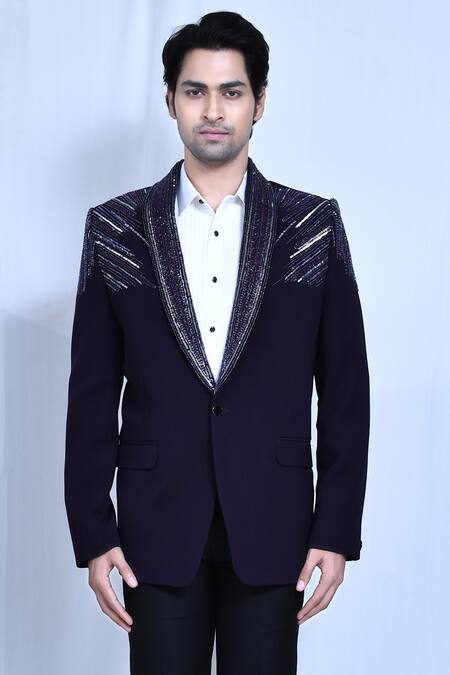 Shop Arihant Rai Sinha Blue Cotton, Lycra, Satin, Terrycloth Cut Stripe Placement Embroidered Coat Set Online at Aza Fashions Shop_Arihant Rai Sinha_Blue Cotton, Lycra, Satin, Terrycloth Cut Stripe Placement Embroidered Coat Set _Online_at_Aza_Fashions