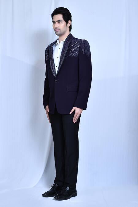 Arihant Rai Sinha_Blue Cotton, Lycra, Satin, Terrycloth Cut Stripe Placement Embroidered Coat Set _at_Aza_Fashions