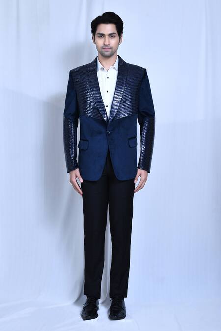 Buy_Arihant Rai Sinha_Blue Velvet, Satin, Terrycloth Cut Work Cutdana Embroidered Coat And Pant Set _Online_at_Aza_Fashions
