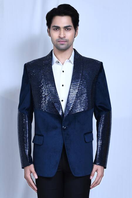 Shop Arihant Rai Sinha Blue Velvet, Satin, Terrycloth Cut Work Cutdana Embroidered Coat And Pant Set Online at Aza Fashions Shop_Arihant Rai Sinha_Blue Velvet, Satin, Terrycloth Cut Work Cutdana Embroidered Coat And Pant Set _Online_at_Aza_Fashions