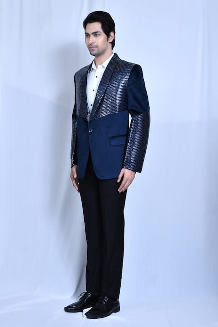 Arihant Rai Sinha_Blue Velvet, Satin, Terrycloth Cut Work Cutdana Embroidered Coat And Pant Set _at_Aza_Fashions