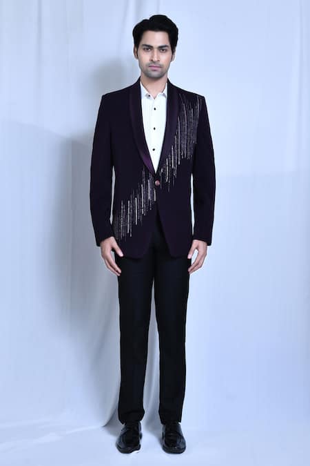 Buy_Arihant Rai Sinha_Purple Velvet, Satin, Terrycloth Sequins, Beads Placement Embroidered Coat Set _Online_at_Aza_Fashions