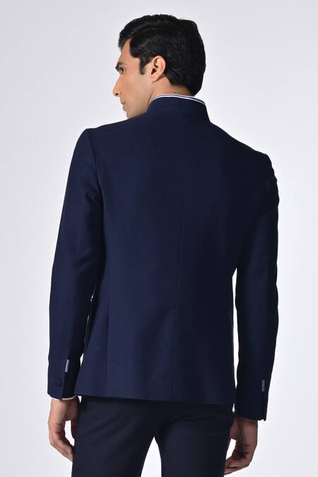 Shop S&N By Shantnu Nikhil Blue Cotton Placement Crest Embroidered Bandhgala at Aza Fashions Shop_S&N By Shantnu Nikhil_Blue Cotton Placement Crest Embroidered Bandhgala_at_Aza_Fashions