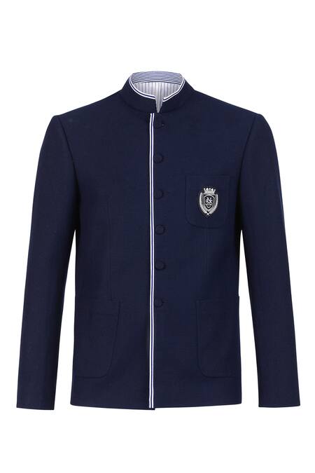 S&N By Shantnu Nikhil Blue Cotton Placement Crest Embroidered Bandhgala Online at Aza Fashions S&N By Shantnu Nikhil_Blue Cotton Placement Crest Embroidered Bandhgala_Online_at_Aza_Fashions