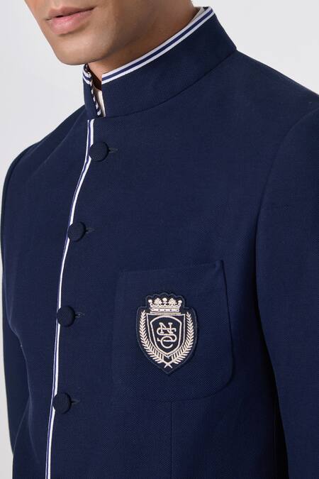 Buy S&N By Shantnu Nikhil Blue Cotton Placement Crest Embroidered Bandhgala Online at Aza Fashions Buy_S&N By Shantnu Nikhil_Blue Cotton Placement Crest Embroidered Bandhgala_Online_at_Aza_Fashions