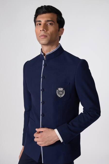 Shop S&N By Shantnu Nikhil Blue Cotton Placement Crest Embroidered Bandhgala Online at Aza Fashions Shop_S&N By Shantnu Nikhil_Blue Cotton Placement Crest Embroidered Bandhgala_Online_at_Aza_Fashions