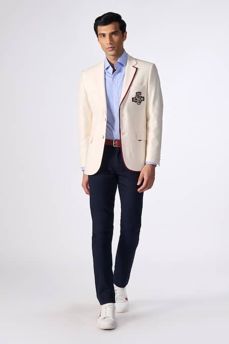 S&N by Shantnu Nikhil Off White Cotton Embroidered Piping Placement Patch Logo Blazer Jacket