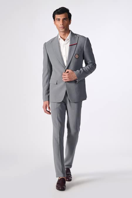 S&N by Shantnu Nikhil Grey Cotton Embroidered Piping Placement Crest Blazer Jacket