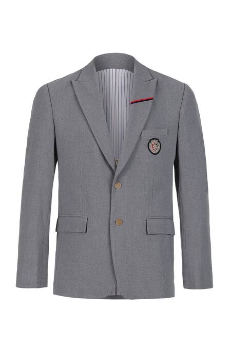 S&N By Shantnu Nikhil Grey Cotton, Polyester Embroidery, Piping Placement Crest Blazer Jacket Online at Aza Fashions S&N By Shantnu Nikhil_Grey Cotton, Polyester Embroidery, Piping Placement Crest Blazer Jacket_Online_at_Aza_Fashions