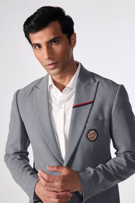 Buy S&N By Shantnu Nikhil Grey Cotton, Polyester Embroidery, Piping Placement Crest Blazer Jacket Online at Aza Fashions Buy_S&N By Shantnu Nikhil_Grey Cotton, Polyester Embroidery, Piping Placement Crest Blazer Jacket_Online_at_Aza_Fashions