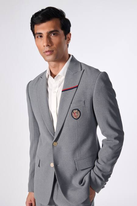 Shop S&N By Shantnu Nikhil Grey Cotton, Polyester Embroidery, Piping Placement Crest Blazer Jacket Online at Aza Fashions Shop_S&N By Shantnu Nikhil_Grey Cotton, Polyester Embroidery, Piping Placement Crest Blazer Jacket_Online_at_Aza_Fashions