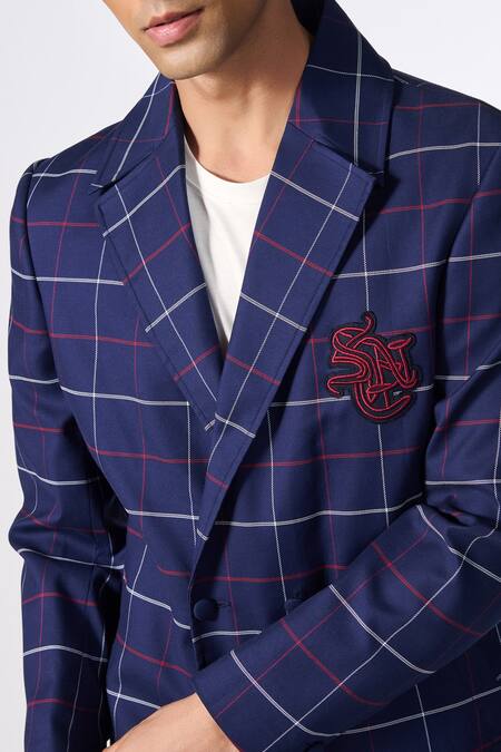 Buy S&N By Shantnu Nikhil Blue Cotton Embroidery Placement Logo Blazer Jacket Online at Aza Fashions Buy_S&N By Shantnu Nikhil_Blue Cotton Embroidery Placement Logo Blazer Jacket_Online_at_Aza_Fashions