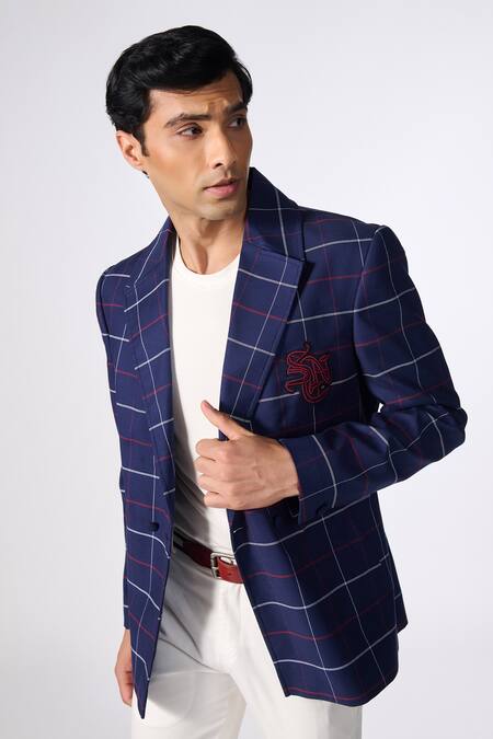 Shop S&N By Shantnu Nikhil Blue Cotton Embroidery Placement Logo Blazer Jacket Online at Aza Fashions Shop_S&N By Shantnu Nikhil_Blue Cotton Embroidery Placement Logo Blazer Jacket_Online_at_Aza_Fashions