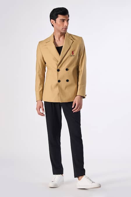 S&N by Shantnu Nikhil Beige Terylene Embroidered Logo Placed Double Breasted Blazer Jacket