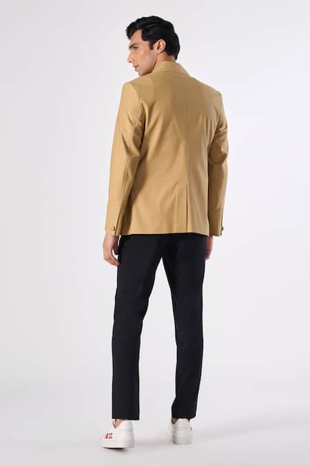 Shop S&N By Shantnu Nikhil Beige Lycra, Terrycloth Embroidery Placed Logo Double Breasted Blazer Jacket at Aza Fashions Shop_S&N By Shantnu Nikhil_Beige Lycra, Terrycloth Embroidery Placed Logo Double Breasted Blazer Jacket_at_Aza_Fashions