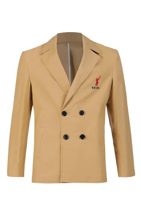 S&N By Shantnu Nikhil Beige Lycra, Terrycloth Embroidery Placed Logo Double Breasted Blazer Jacket Online at Aza Fashions S&N By Shantnu Nikhil_Beige Lycra, Terrycloth Embroidery Placed Logo Double Breasted Blazer Jacket_Online_at_Aza_Fashions