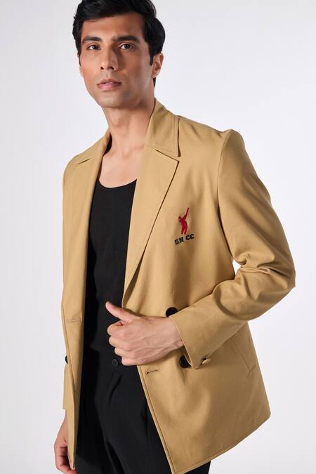 Buy S&N By Shantnu Nikhil Beige Lycra, Terrycloth Embroidery Placed Logo Double Breasted Blazer Jacket Online at Aza Fashions Buy_S&N By Shantnu Nikhil_Beige Lycra, Terrycloth Embroidery Placed Logo Double Breasted Blazer Jacket_Online_at_Aza_Fashions