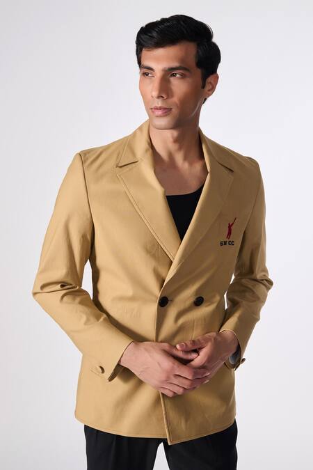 Shop S&N By Shantnu Nikhil Beige Lycra, Terrycloth Embroidery Placed Logo Double Breasted Blazer Jacket Online at Aza Fashions Shop_S&N By Shantnu Nikhil_Beige Lycra, Terrycloth Embroidery Placed Logo Double Breasted Blazer Jacket_Online_at_Aza_Fashions