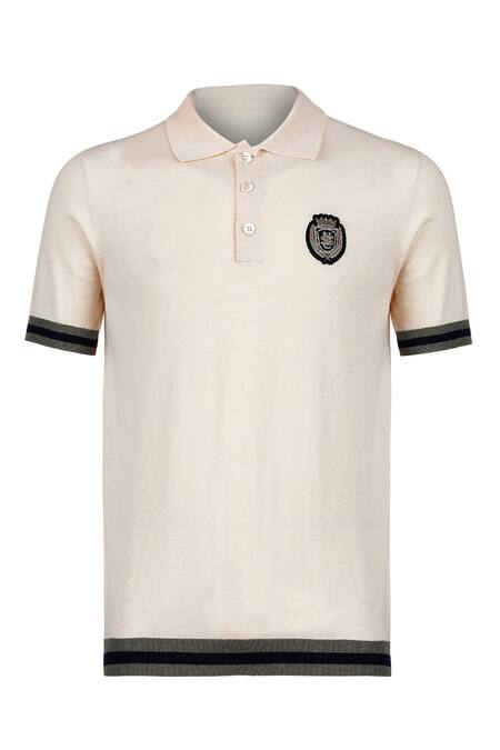 S&N By Shantnu Nikhil_Off White Cotton, Nylon Embroidery Placed Crest Knitted Polo T-shirt_Online_at_Aza_Fashions