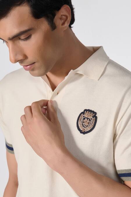 Buy_S&N By Shantnu Nikhil_Off White Cotton, Nylon Embroidery Placed Crest Knitted Polo T-shirt_Online_at_Aza_Fashions