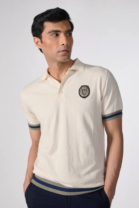 Shop_S&N By Shantnu Nikhil_Off White Cotton, Nylon Embroidery Placed Crest Knitted Polo T-shirt_Online_at_Aza_Fashions