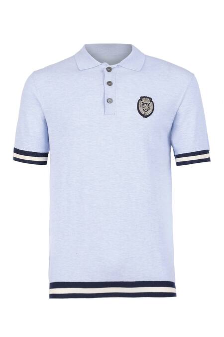 S&N By Shantnu Nikhil_Blue Cotton, Nylon Embroidery Placed Crest Polo T-shirt _Online_at_Aza_Fashions