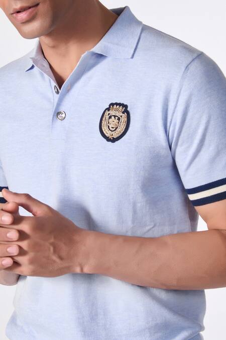 Buy_S&N By Shantnu Nikhil_Blue Cotton, Nylon Embroidery Placed Crest Polo T-shirt _Online_at_Aza_Fashions