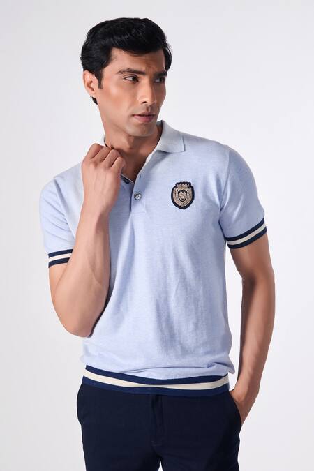 Shop_S&N By Shantnu Nikhil_Blue Cotton, Nylon Embroidery Placed Crest Polo T-shirt _Online_at_Aza_Fashions