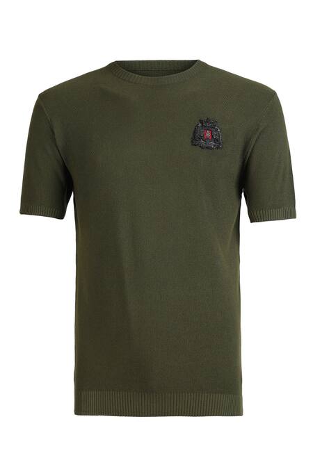 S&N By Shantnu Nikhil_Green Viscose Embroidery Placement Crest Knitted T-shirt_Online_at_Aza_Fashions