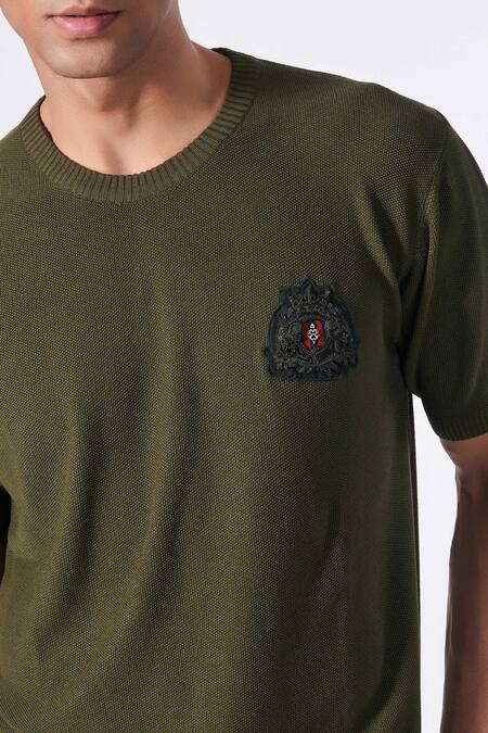 Buy_S&N By Shantnu Nikhil_Green Viscose Embroidery Placement Crest Knitted T-shirt_Online_at_Aza_Fashions