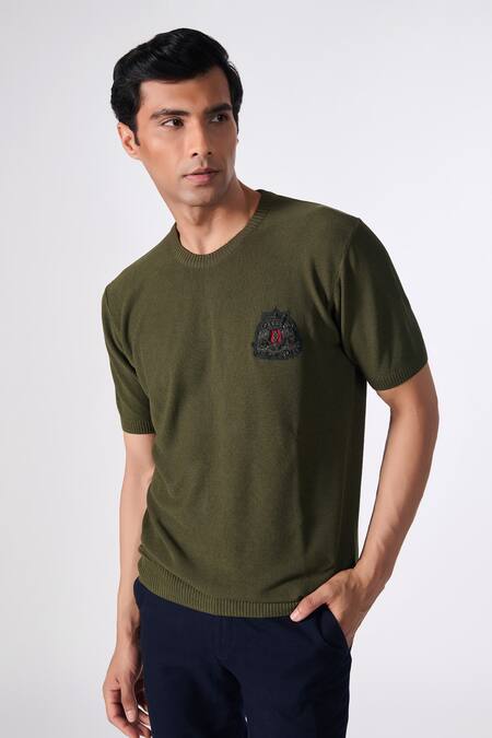 Shop_S&N By Shantnu Nikhil_Green Viscose Embroidery Placement Crest Knitted T-shirt_Online_at_Aza_Fashions