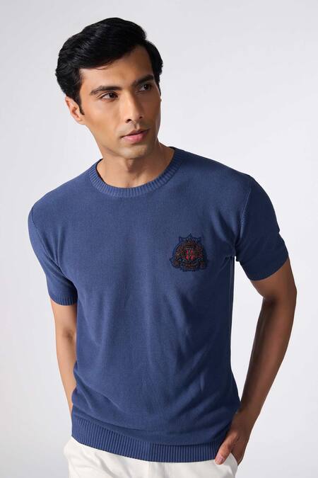 Buy S&N By Shantnu Nikhil Blue Viscose Embroidery Placed Crest Knitted T-shirt Online at Aza Fashions Buy_S&N By Shantnu Nikhil_Blue Viscose Embroidery Placed Crest Knitted T-shirt_Online_at_Aza_Fashions