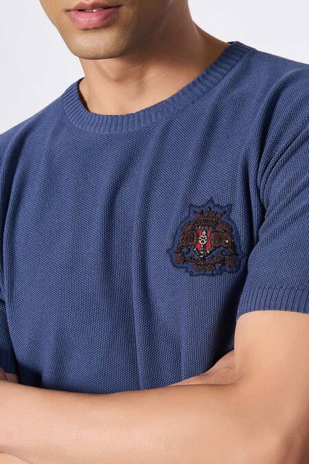 Shop S&N By Shantnu Nikhil Blue Viscose Embroidery Placed Crest Knitted T-shirt Online at Aza Fashions Shop_S&N By Shantnu Nikhil_Blue Viscose Embroidery Placed Crest Knitted T-shirt_Online_at_Aza_Fashions