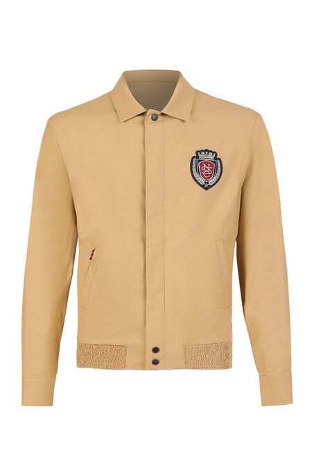 S&N By Shantnu Nikhil_Beige Lycra, Terrycloth Embroidery Placed Crest Jacket_Online_at_Aza_Fashions