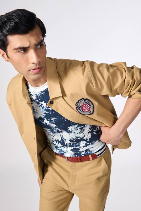 Buy_S&N By Shantnu Nikhil_Beige Lycra, Terrycloth Embroidery Placed Crest Jacket_Online_at_Aza_Fashions