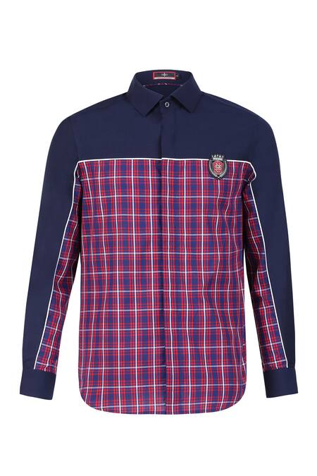 S&N By Shantnu Nikhil_Blue Lycra, Viscose, Terrycloth Embroidery Placed Logo Checkered Shirt _Online_at_Aza_Fashions